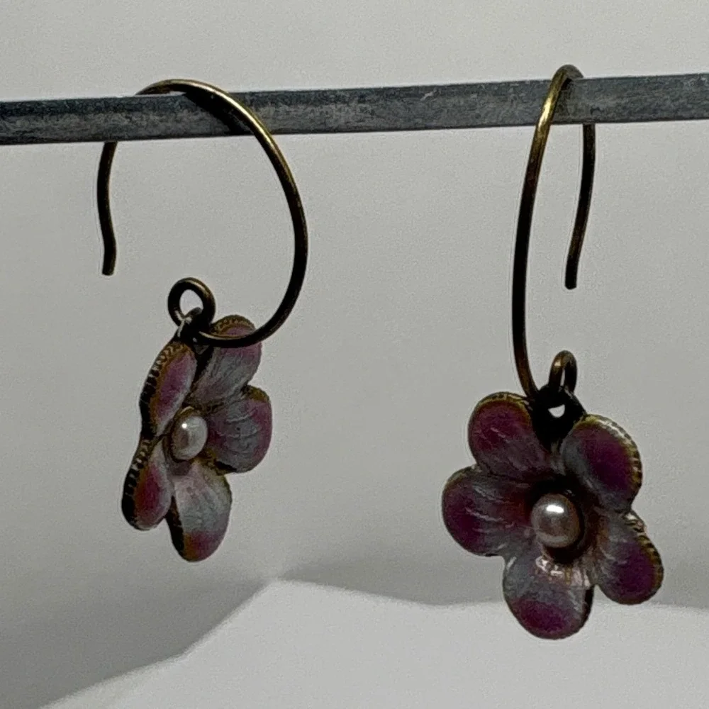 Enamel Cloisonne Pansy Flower Dangle Earrings Pearl Center, Floral Drop Earrings